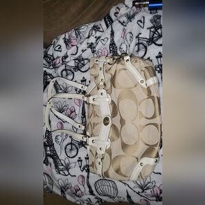 Coach Beige & White Signature Canvas Tote with Gold Hardware